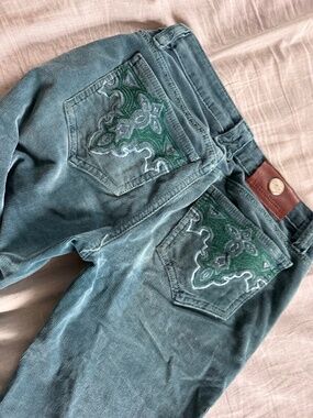 Antik Denim Brand Teal Peacock Corduroy Flared Leg Hem Embroidery Size 25